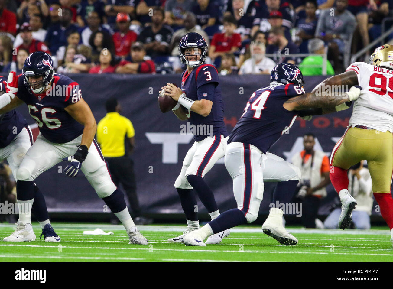 Houston, USA. 18 August 2018.  Houston Texans quarterback Brandon Weeden (3) drops back to pass during the second quarter of the preseason NFL football game between the Houston Texans and the San Francisco 49ers at NRG Stadium in Houston, TX. John Glaser/CSM Credit: Cal Sport Media/Alamy Live News Stock Photo