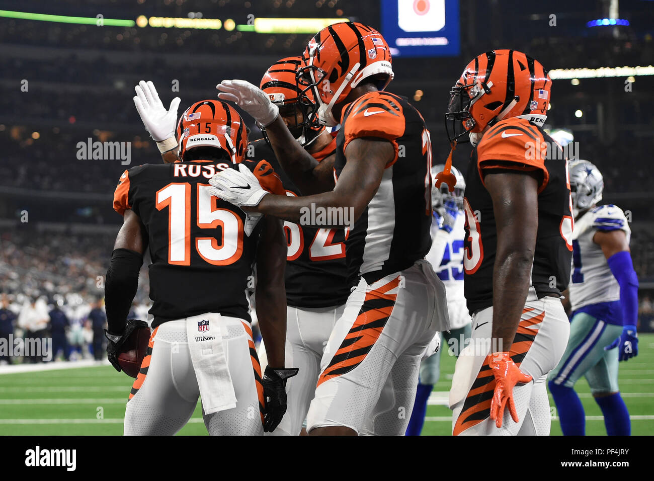 Texas, USA. 18 August 2018. Cincinnati Bengals wide receiver John Ross (15) celebrates with his team after catching a two-point conversion during the NFL football game between the Cincinnati Bengals and the Dallas Cowboys at AT&T Stadium in Arlington, Texas. Shane Roper/Cal Sport Media Credit: Cal Sport Media/Alamy Live News Stock Photo