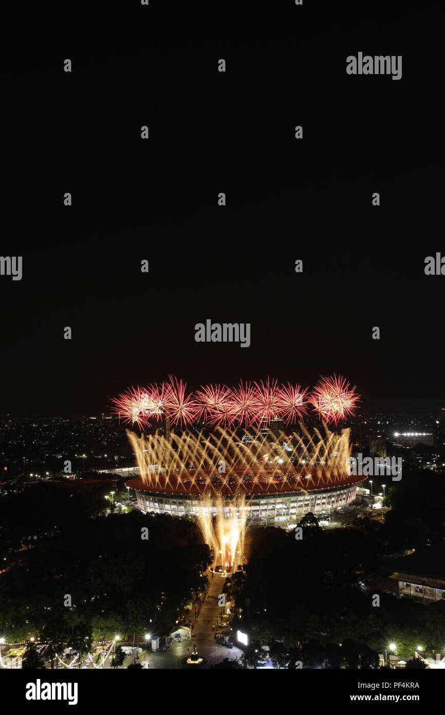 Jakarta, Indonesia. 18th Aug, 2018. JAKARTA, INDONESIA - AUGUST 18: Fireworks explode during the opening ceremony of the Asian Games 2018 at Gelora Bung Karno Stadium on August 18, 2018 in Jakarta, Indonesia. Credit: Sijori Images/ZUMA Wire/Alamy Live News Stock Photo