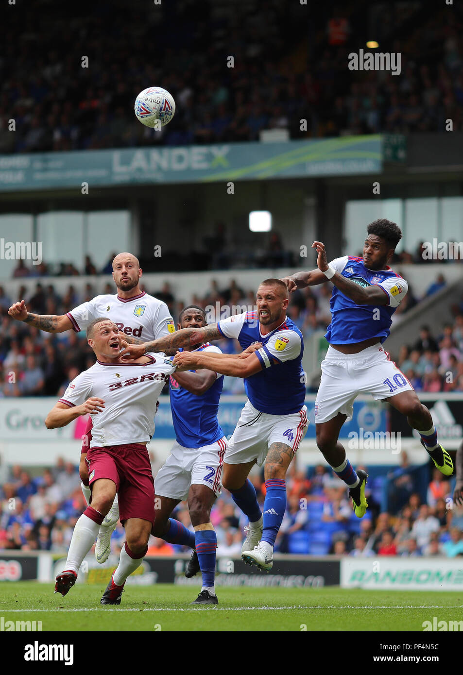 Ipswich, UK.. 18th Aug, 2018. Luke Chambers of Ipswich Town and James Chester of Aston Villa battle in the penalty area - Ipswich Town v Aston Villa, Sky Bet Championship, Portman Road, Ipswich - 18th August 2018 Credit: Richard Calver/Alamy Live News Stock Photo