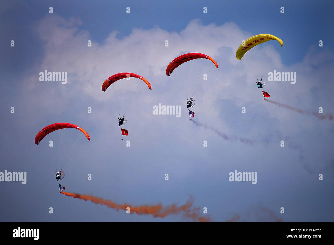 Shenyang, China. 19th Aug, 2018. Photo taken on Aug. 19, 2018 shows paramotor performance during the 7th Faku Flight Conference in Shenyang, China, capital of northeast China's Liaoning Province. Credit: Yao Jianfeng/Xinhua/Alamy Live News Stock Photo