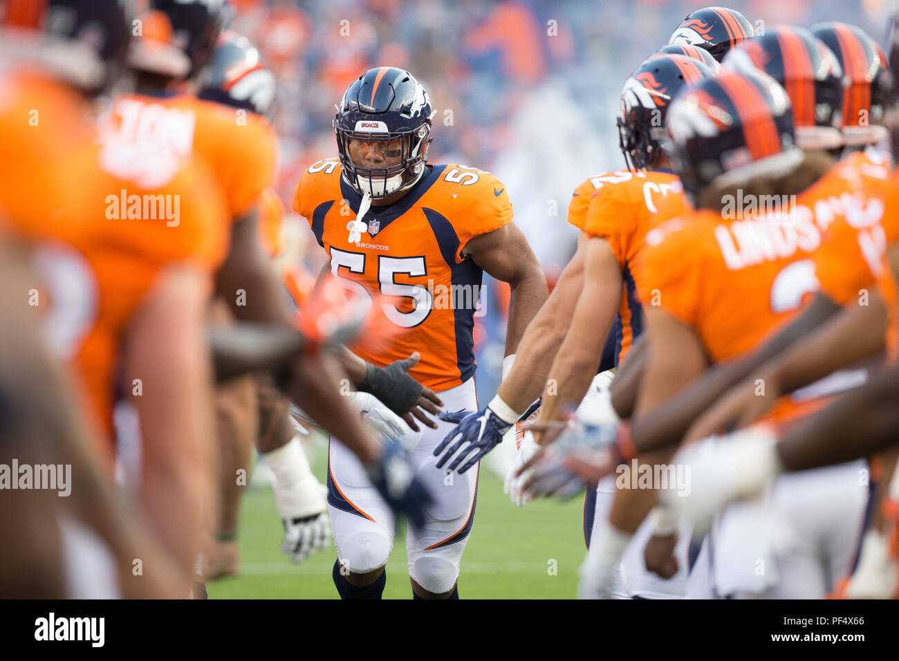 Denver Broncos linebacker Bradley Chubb (55) lines up against the Tampa Bay  Buccaneers in the first half of an NFL football game, Sunday, Sept.. 27,  2020, in Denver. (AP Photo/Justin Edmonds Stock