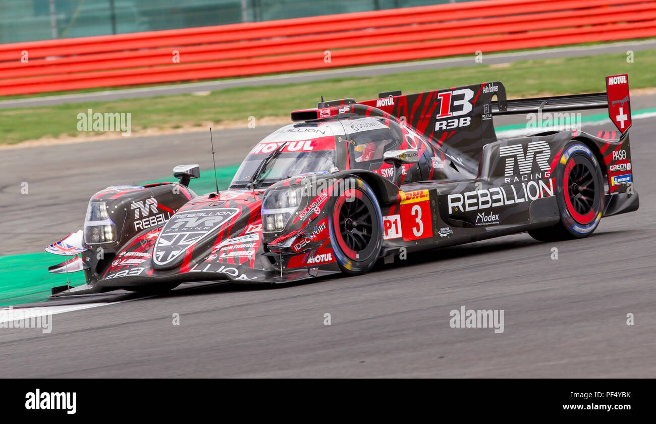 Silverstone Circuit, UK. 19th Aug, 2018. FIA World Endurance Championship; The Rebellion R13 Gibson LMP1 racing car from Rebellion Racing (CHE) driven by Mathias Beche (CHE) Thomas Laurent (FRA) and Gustavo Menezes (USA) during Round 3 of the FIA World Endurance Championship at Silverstone Credit: Action Plus Sports/Alamy Live News Stock Photo