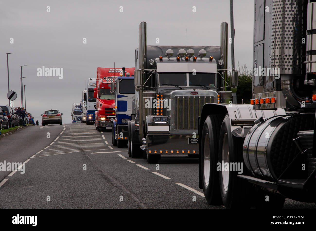 Portstewart, UK. 19 August 2018. This is the final part of the annual NI Truck Fest where some 700+ trucks travel in Convoy along the 9 1/2 mile NW200 course between the towns of Coleraine Portrush and Portstewart in NI. Credit: Brian Wilkinson/Alamy Live News Stock Photo