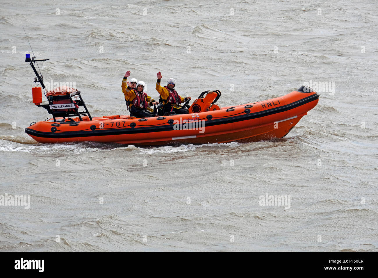 Weston-super-Mare, UK. 19th August, 2018. A lifeboat crew waves to spectators at the annual RNLI open day. Credit: Keith Ramsey/Alamy Live News Stock Photo