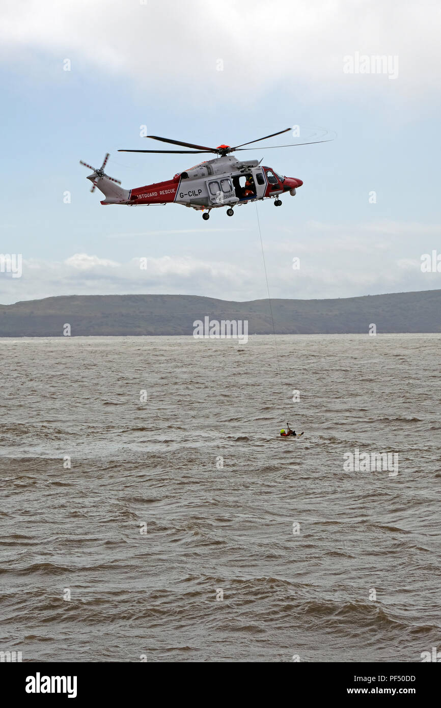 Weston-super-Mare, UK. 19th August, 2018. A coastguard helicopter demonstrates rescue techniques at the annual RNLI open day. Credit: Keith Ramsey/Alamy Live News Stock Photo