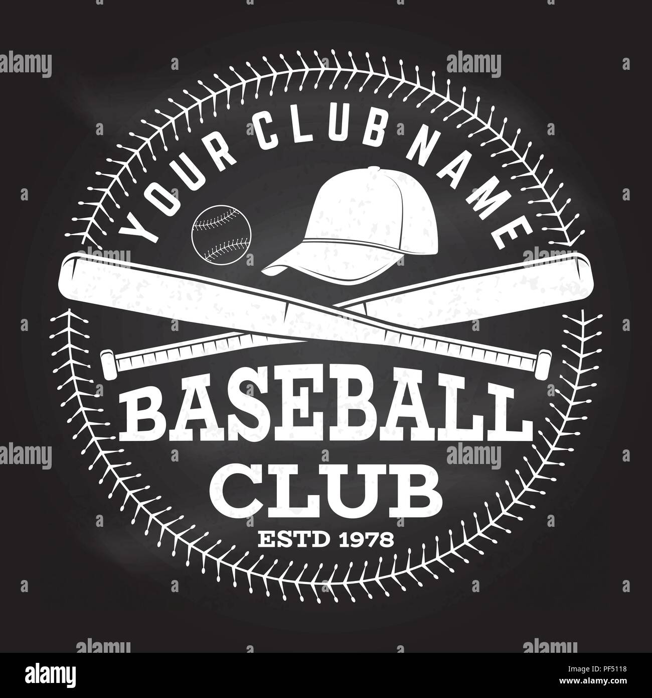 Baseball club badge on the chalkboard. Vector illustration. Concept for shirt or logo, print, stamp or tee. Vintage typography design with baseball bats, cap and ball for baseball silhouette. Stock Vector