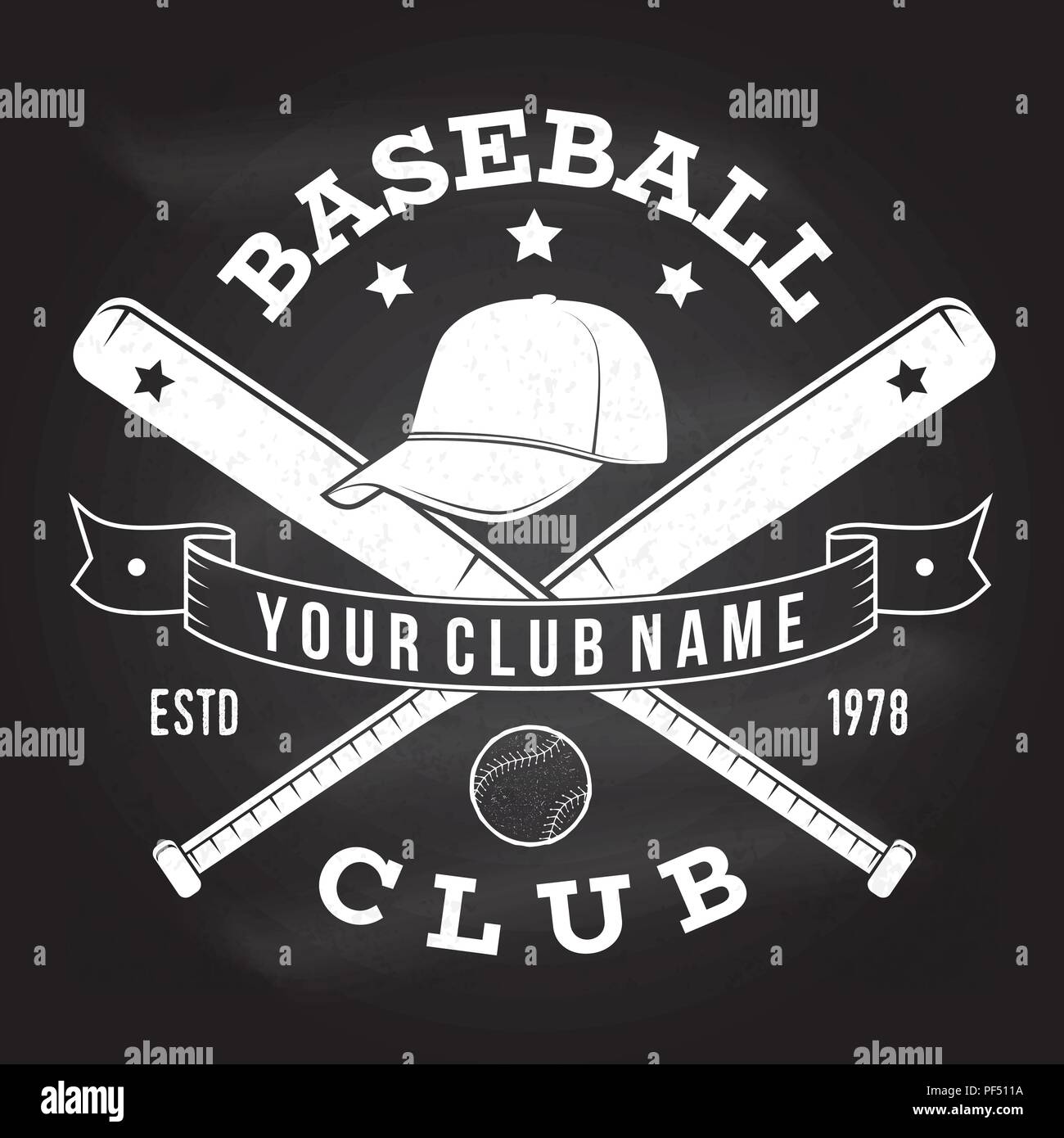 Baseball club badge on the chalkboard. Vector illustration. Concept for shirt or logo, print, stamp or tee. Vintage typography design with baseball bats, cap and ball for baseball silhouette. Stock Vector