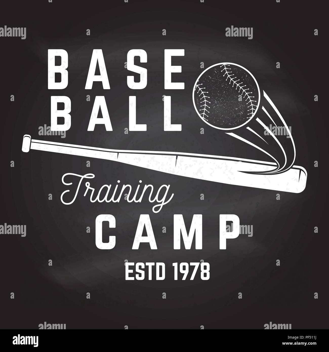 Baseball training camp on the chalkboard. Vector illustration. Concept for shirt or logo, print, stamp or tee. Vintage typography design with baseball bat and ball for baseball silhouette. Stock Vector