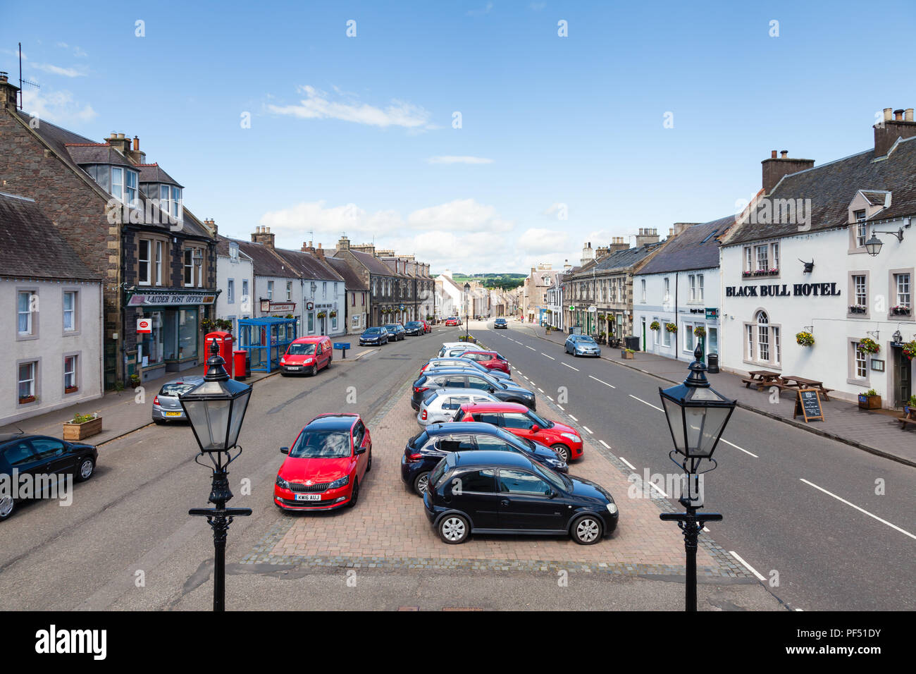 The view along Lauder high street. Lauder is a small town in the Scottish borders Stock Photo