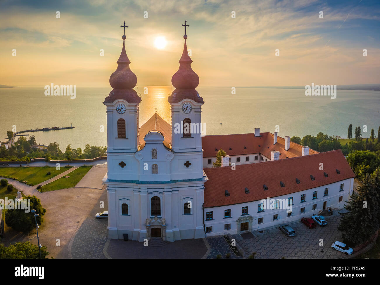 Tihany, Hungary - Aerial panoramic view of Benedictine Monastery of Tihany (Tihany Abbey) at sunrise with Lake Balaton at background Stock Photo
