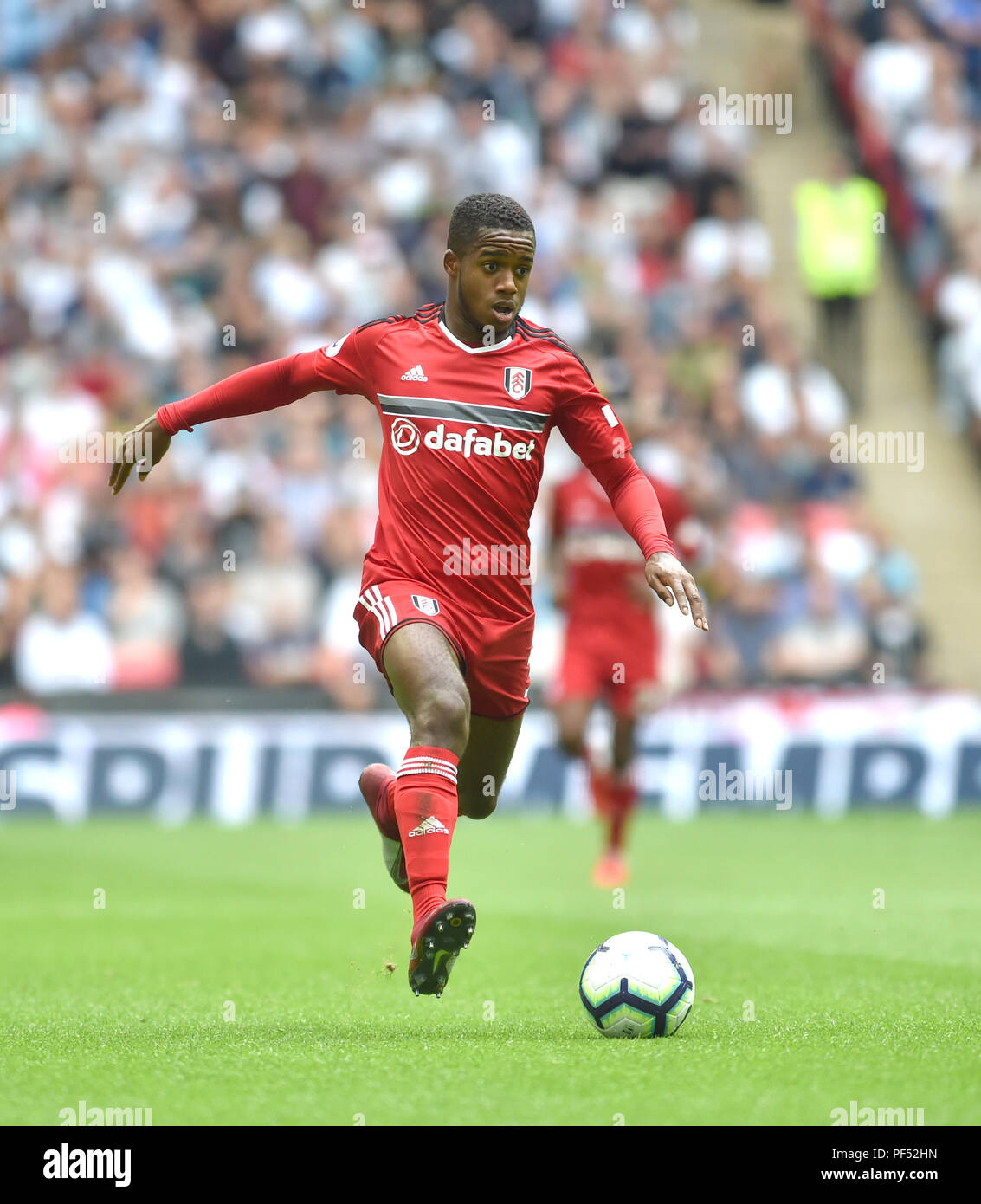 Ryan Sessegnon of Fulham during the Premier League match between Tottenham Hotspur and Fulham at Wembley Stadium in London. 18 Aug 2018 Editorial use only. No merchandising. For Football images FA and Premier League restrictions apply inc. no internet/mobile usage without FAPL license - for details contact Football Dataco Stock Photo