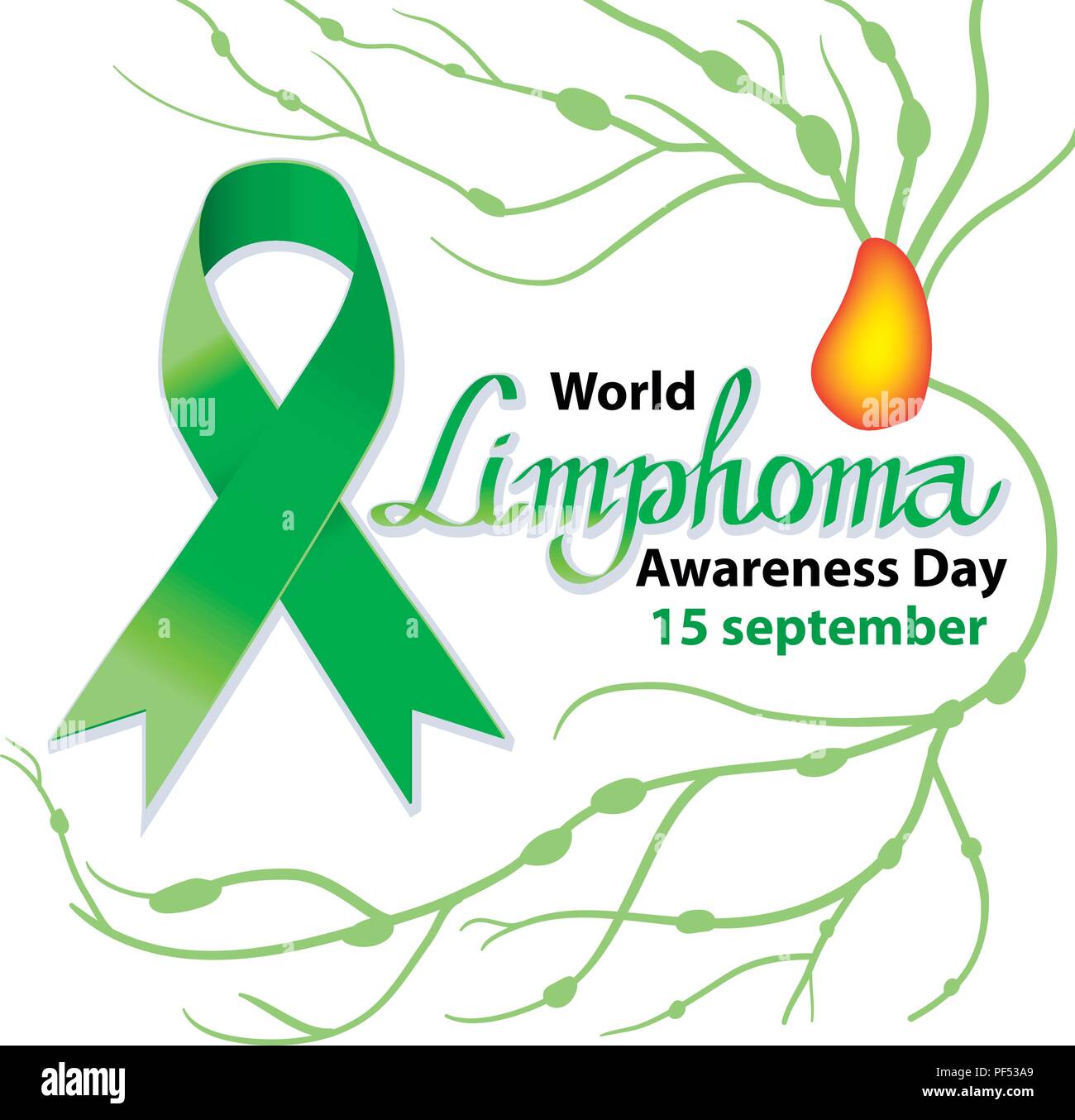 World Lymphoma Day. Increase in the size of the lymph nodes. Vector illustration on isolated background. Green ribbon. Stock Vector