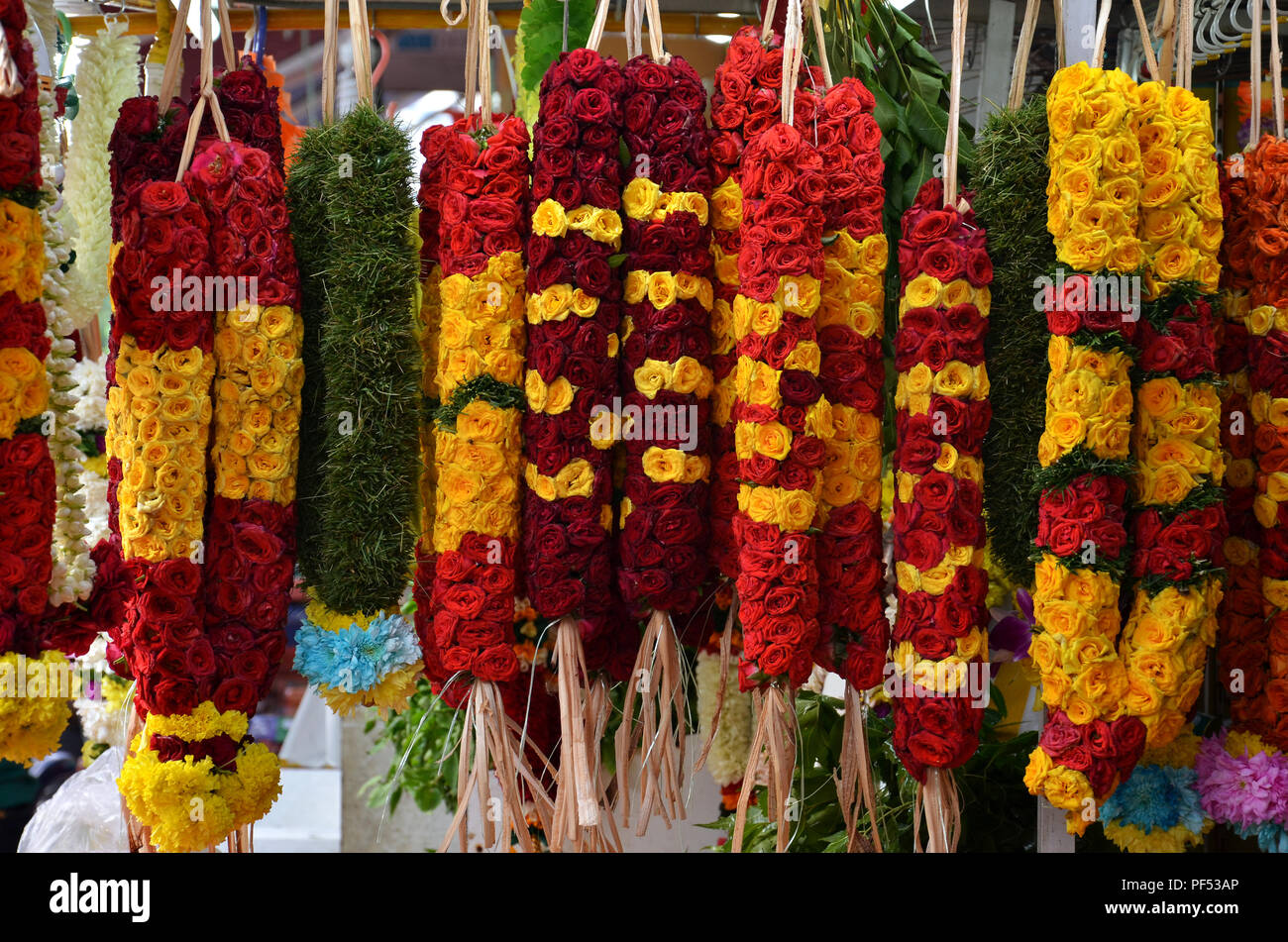 Flower garlands and basket of flower used for hinduism religion in