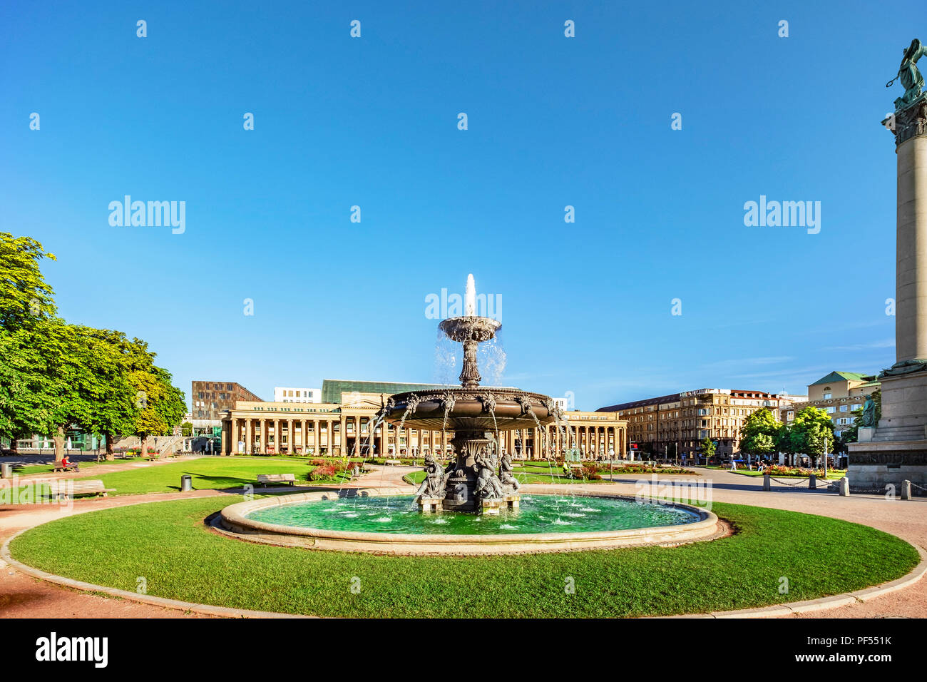 Stuttgart downtown castle square with fountain in the center of the ...