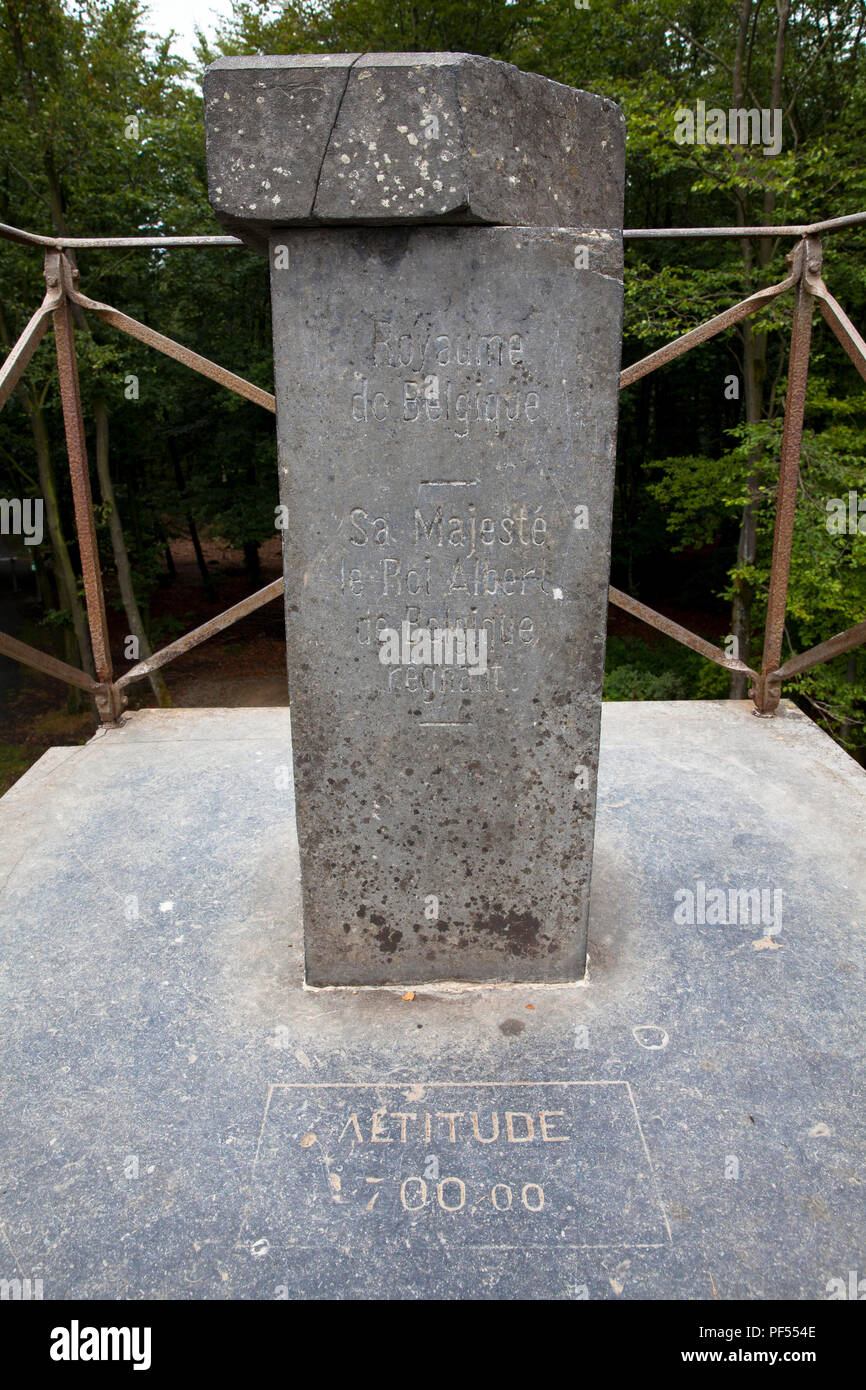 altitude measuring point at the Baltia Hill, highest point of Belgium (700 metres above sea level), Botrange, High Fens, Eastbelgium.  Hoehenmesspunkt Stock Photo