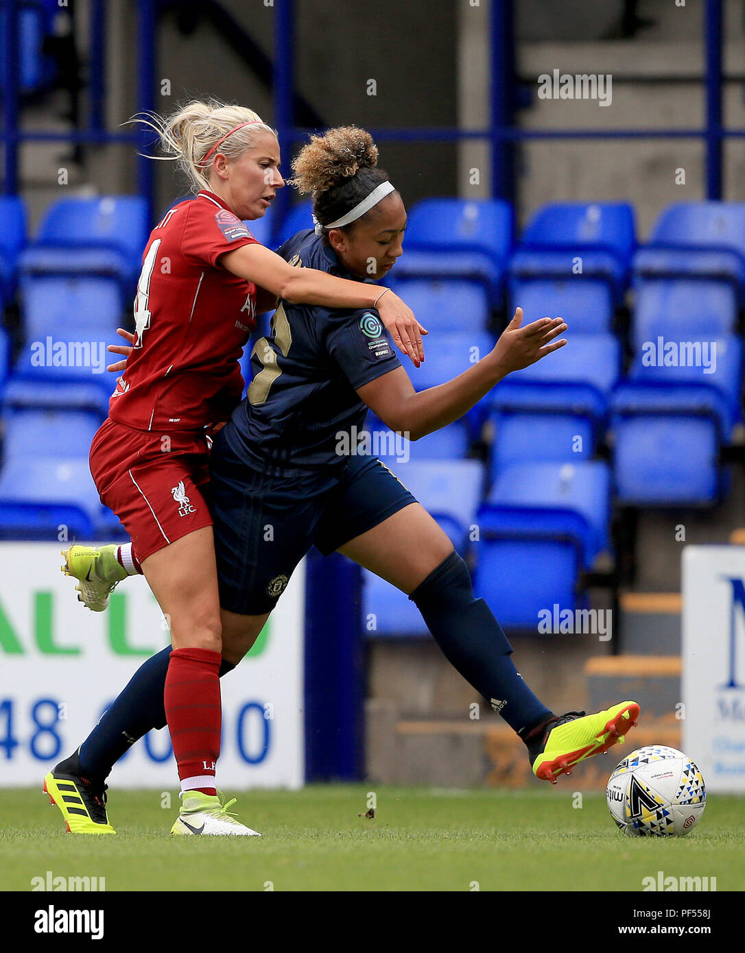 Liverpool Women S Kirsty Linnett Left And Manchester United Women S Lauren James Battle For The Ball During The Continental Tyres Cup Group Two North Match At Prenton Park Birkenhead Stock Photo Alamy