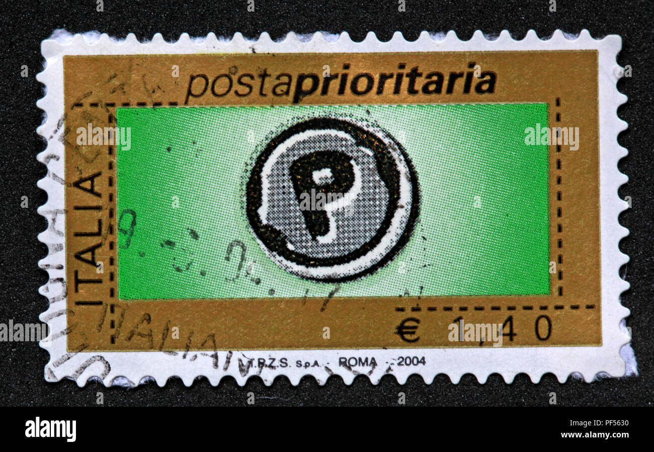 Used E1.40 Italia Italian stamp Postaprioritaria Euro, Roma 2004 Stock Photo