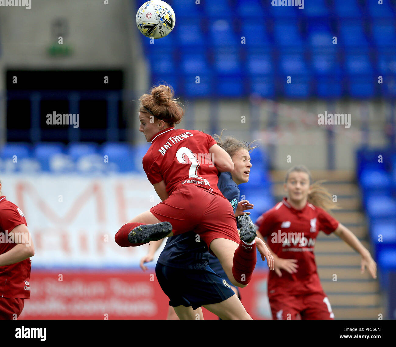 Liverpool Women's Jasmine Matthews and Manchester United Women's Lizzie Arnot contest a header during the Continental Tyres Cup, Group Two North match at Prenton Park, Birkenhead. Stock Photo