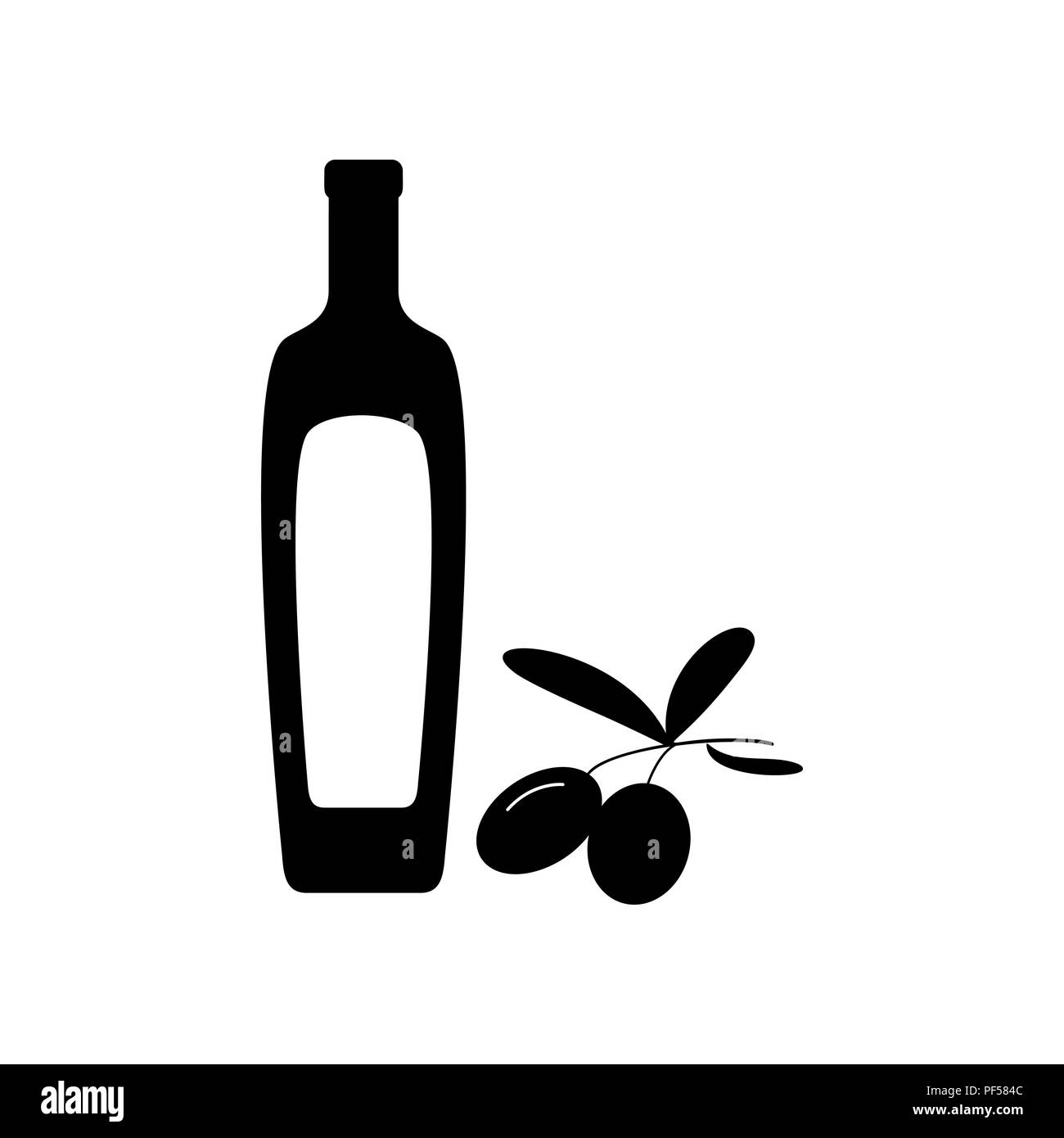 Black olives branch with olive oil bottle sign. Vector. Filled black