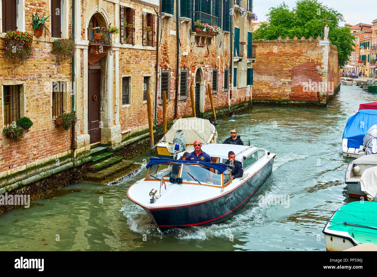 Venice, Italy - June 18, 2018: Carabinieri patrol boat on a canal in Venice Stock Photo