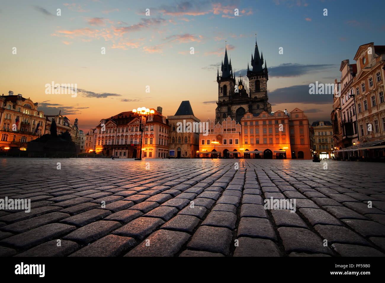 View on Old Town Square in Prague at sunrise Stock Photo