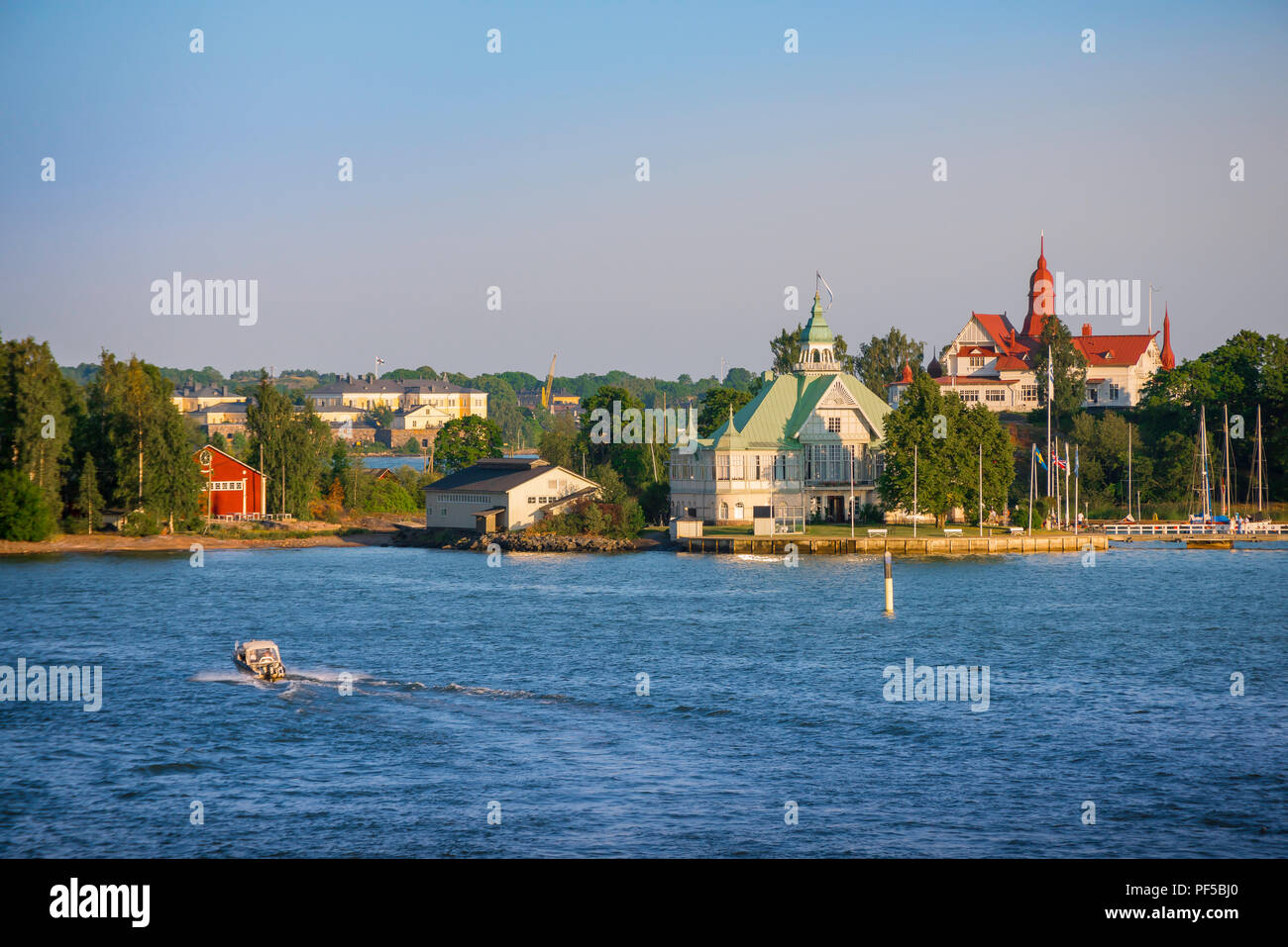 Finland tourism summer,  early evening view south from Helsinki harbor towards the island of Valkosaari, Gulf of Finland. Stock Photo