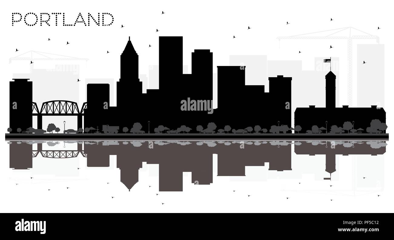 Portland Oregon City skyline black and white silhouette with Reflections. Vector illustration. Simple flat concept for tourism presentation, banner, p Stock Vector