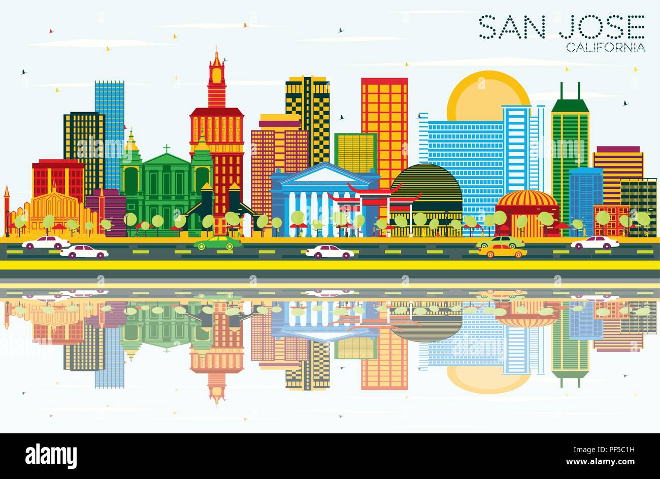 San Jose California Skyline with Color Buildings, Blue Sky and Reflections. Vector Illustration. Stock Vector