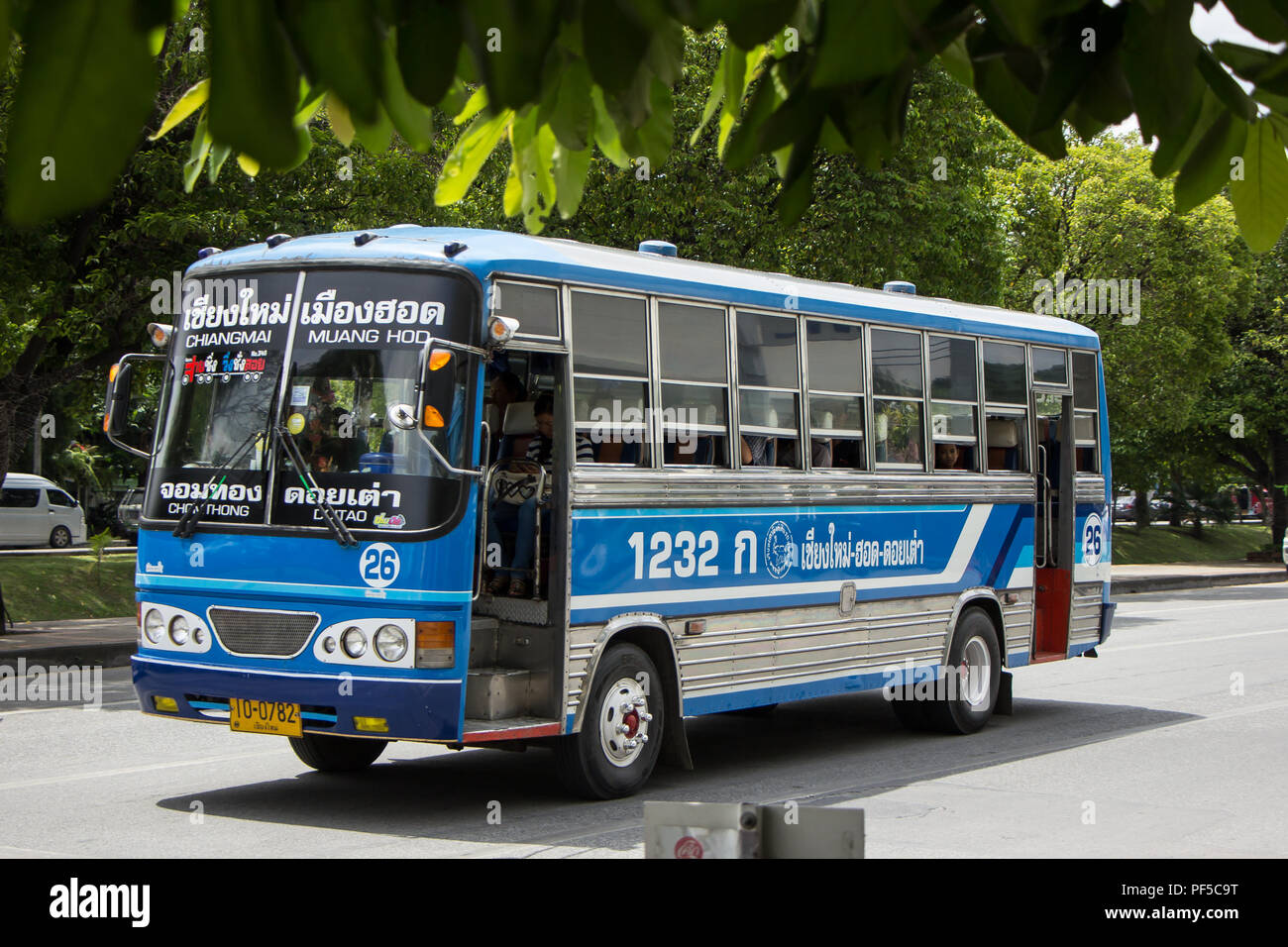 Chiangmai, Thailand - August 10 2018: Bus route Chiangmai and hod distric,  Budget fan bus. Photo on road in chiangmai city Stock Photo - Alamy