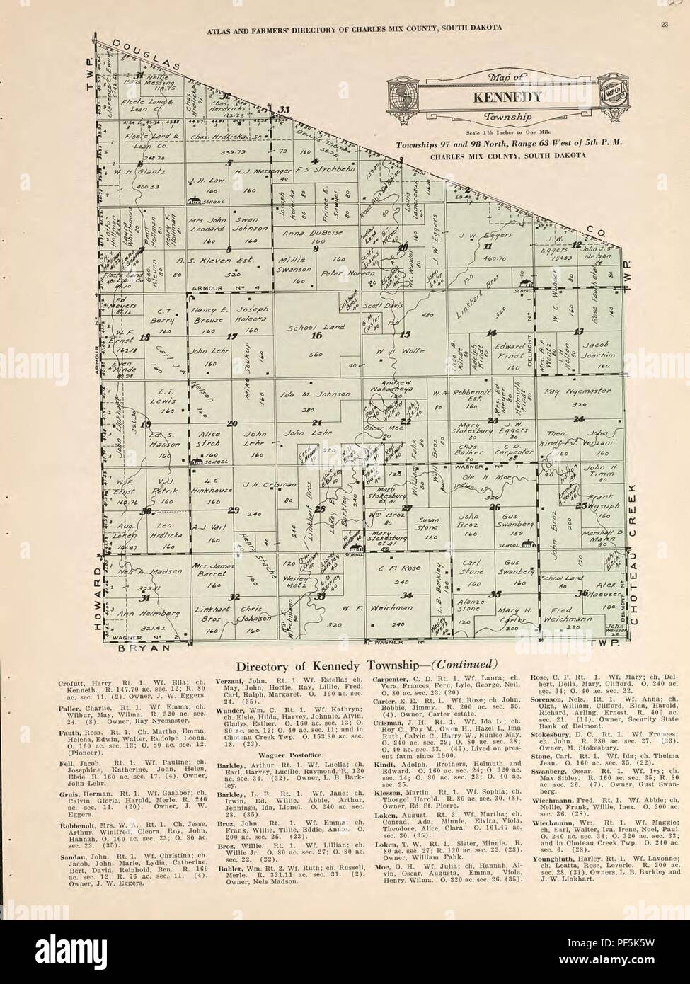 Atlas and farmers' directory of Charles Mix County, South Dakota - containing plats of all townships with owners' names, an outline map of the county and a state map of South Dakota, compiled from Stock Photo