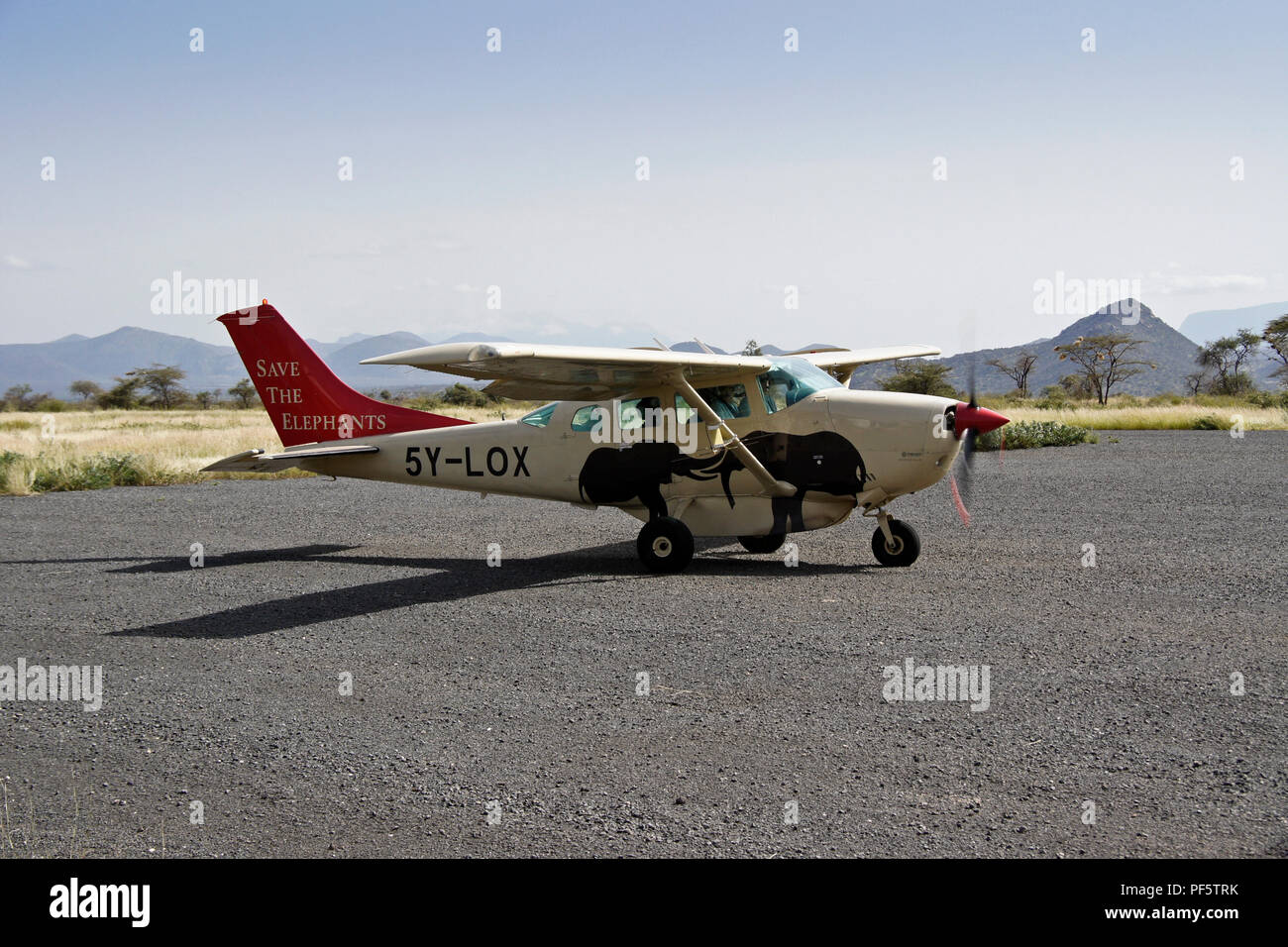 Save the Elephants plane on airstrip at Samburu/Buffalo Springs airstrip, Kenya Stock Photo