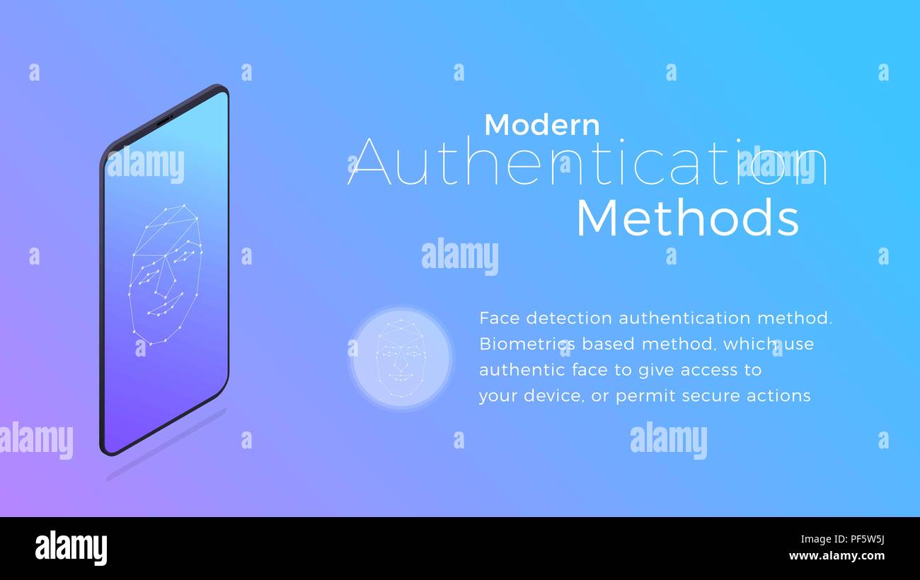 Authentication. Modern biometric facial recognition authentication method. Isometric concept of modern digital security. Stock Vector