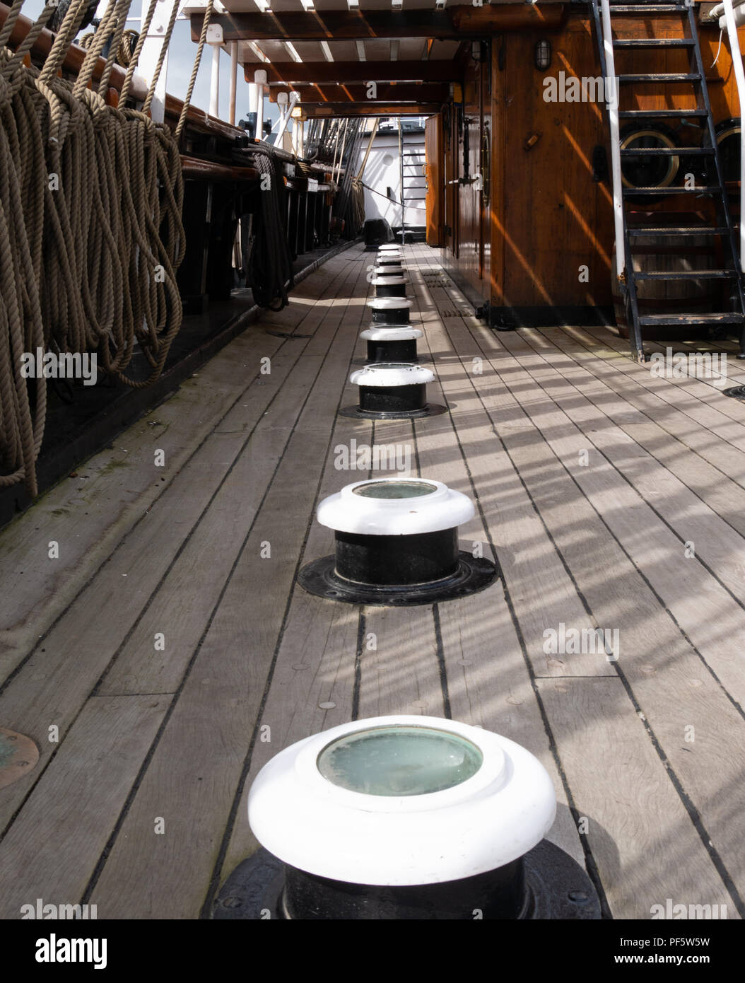 Deck mushroom vents (or 'ankle bashers') on RRS Discovery, Captain Scott's Antarctic ship, Discovery Point, Dundee, Scotland, UK Stock Photo