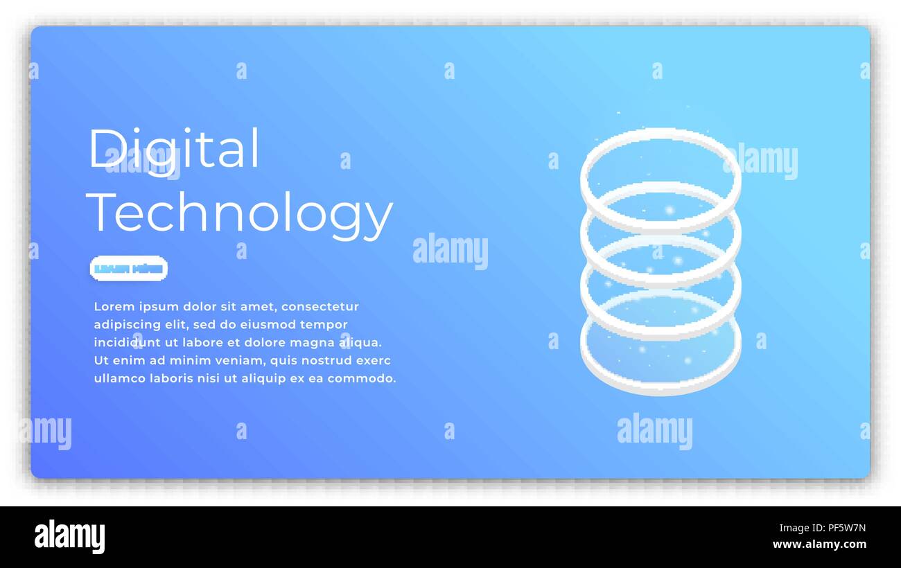 Digital technology isometric concept. Illustration of data analysis, big data processing, cloud computing. Futuristic computer technology. Stock Vector