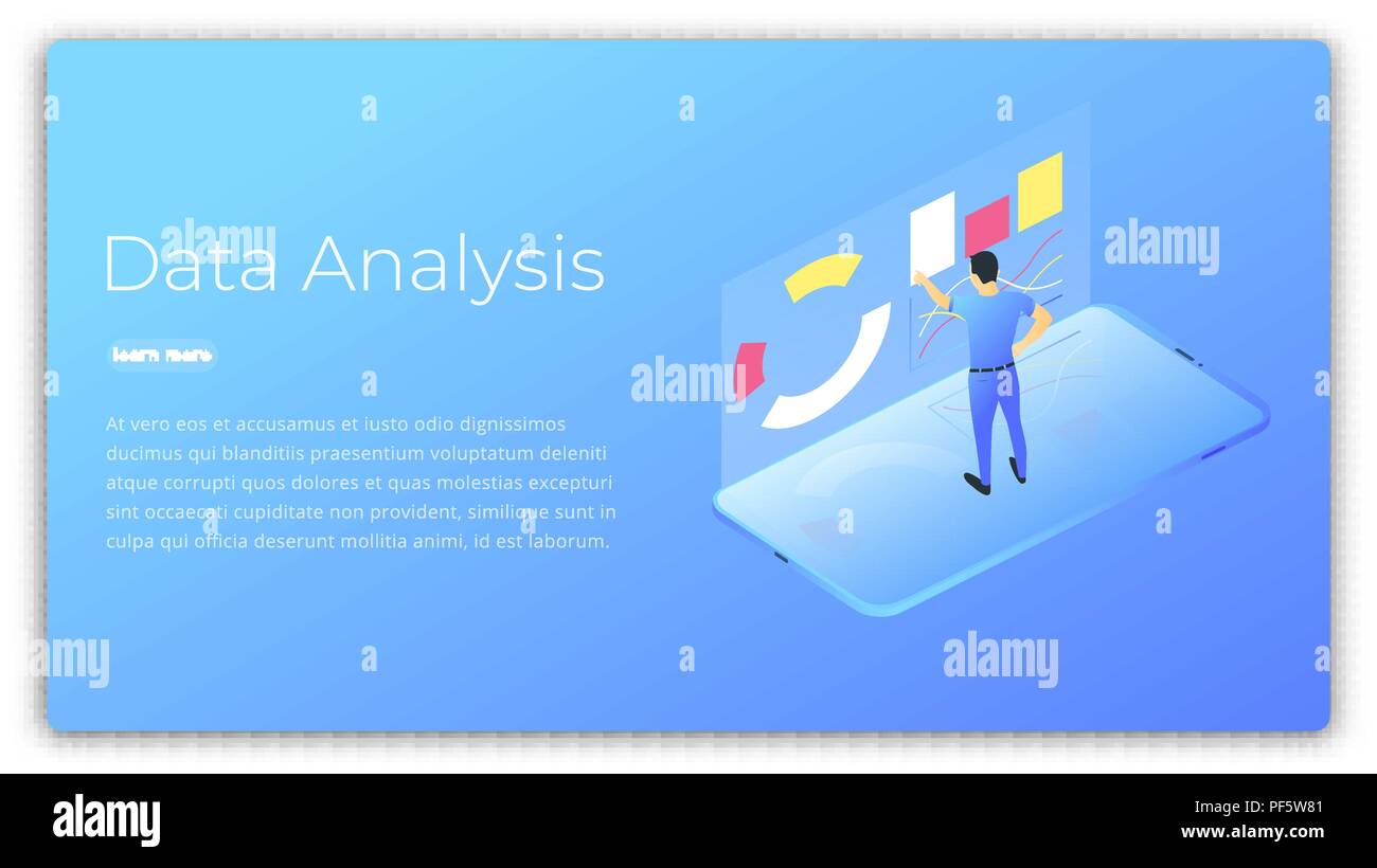Data analysis. Isometric illustration of man analyzing and managing data. Data processing futuristic technology. Stock Vector