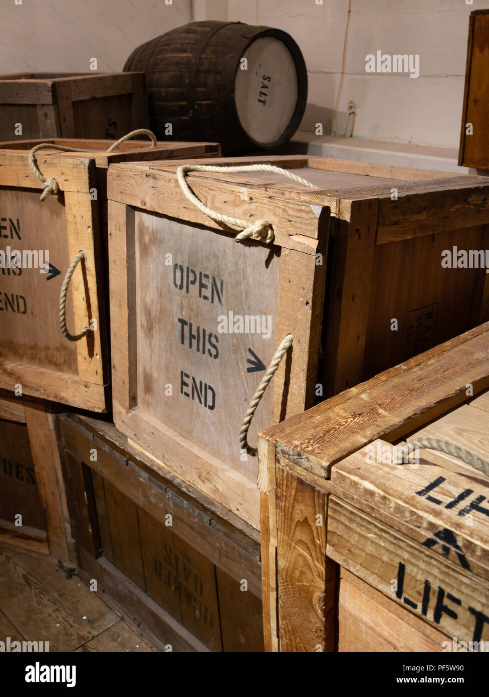 Crates and barrels on RRS Discovery, Captain Scott's Antarctic ship, Discovery Point, Dundee, Scotland, UK Stock Photo