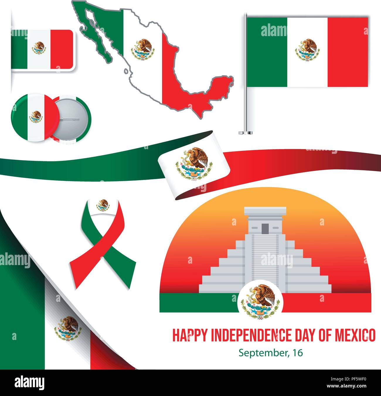 Hand Drawn Mexican Independence Day Vector Circle Shape Tags.Green, White and Red Mexican Flag. Black Hand Written Letteres.Red Heart. Mexican Independence Day Illustration Set. Stock Vector