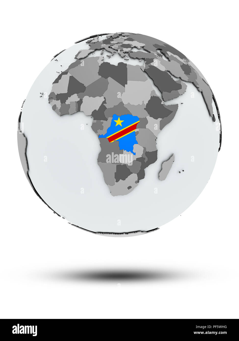 Democratic Republic of Congo with flag on globe with shadow isolated on white background. 3D illustration. Stock Photo