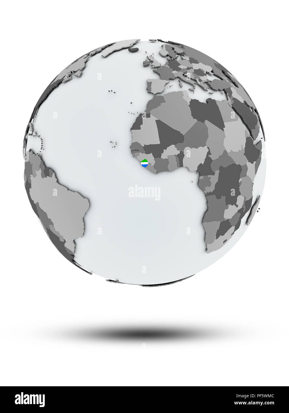 Sierra Leone with flag on globe with shadow isolated on white ...