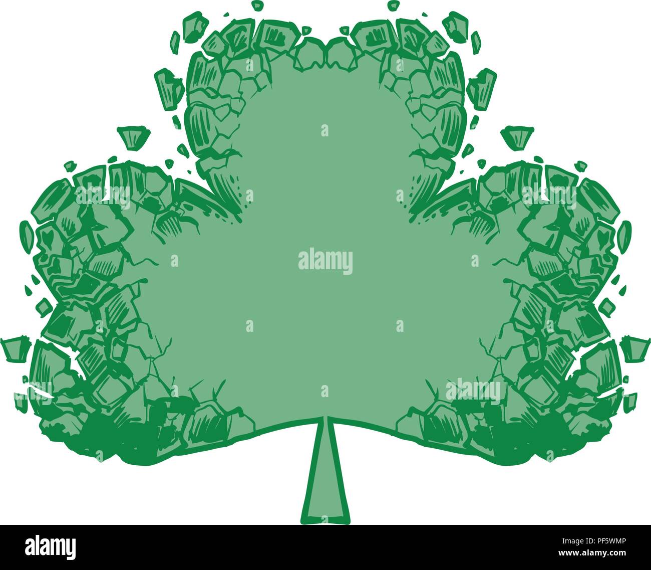Vector cartoon clip art background template illustration of a shattering or crumbling green irish shamrock or clover. Stock Vector