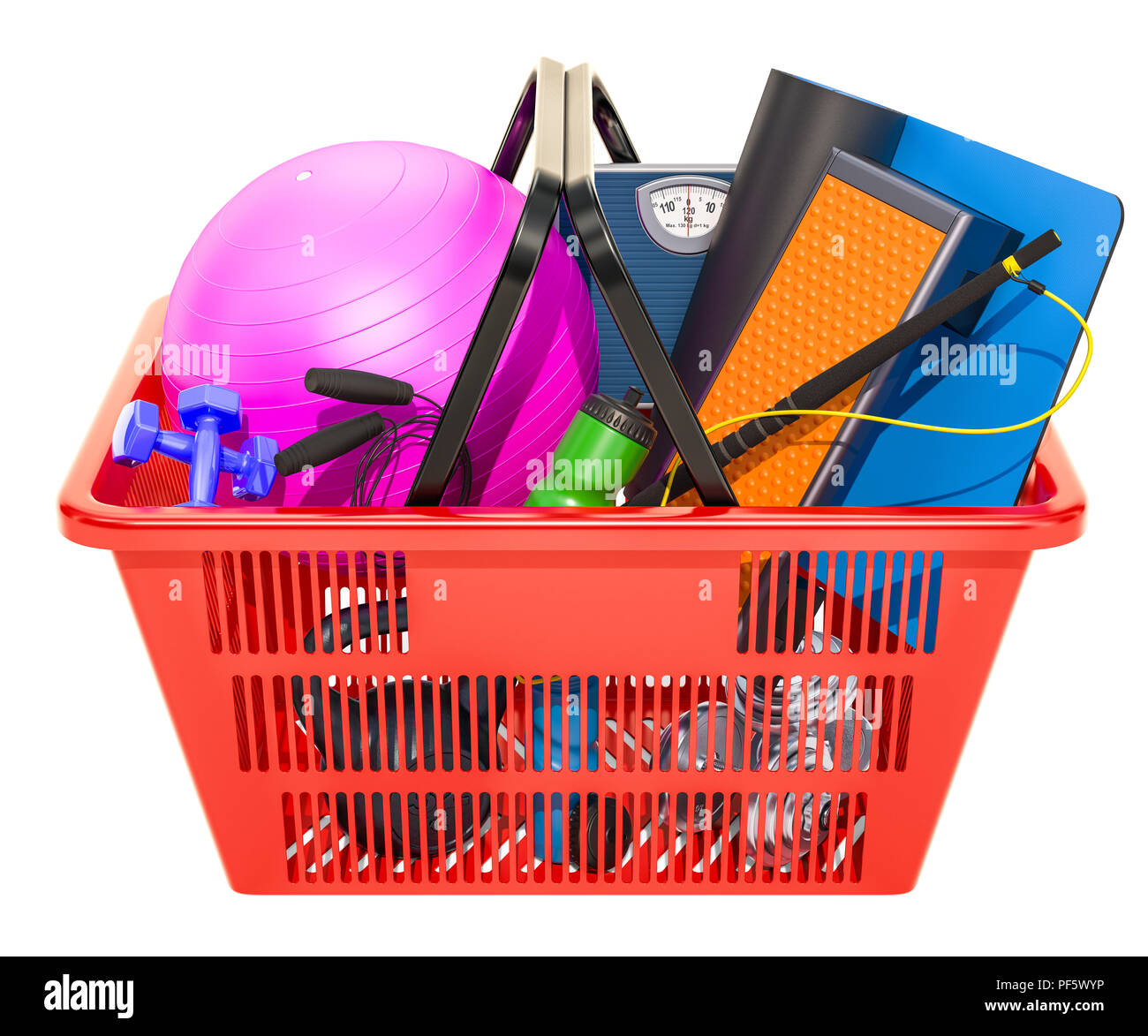 Fitness, aerobic, sport equipments in shopping basket. 3D rendering