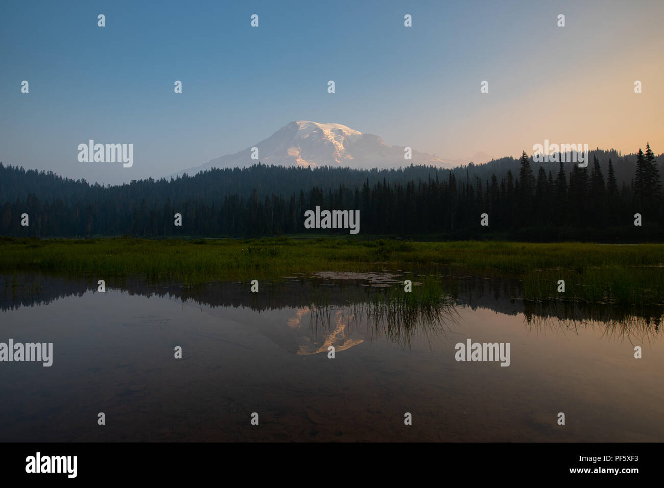 This is a picture of Reflection Lake during Sunrise at Mount Rainier National Park Washington. Stock Photo