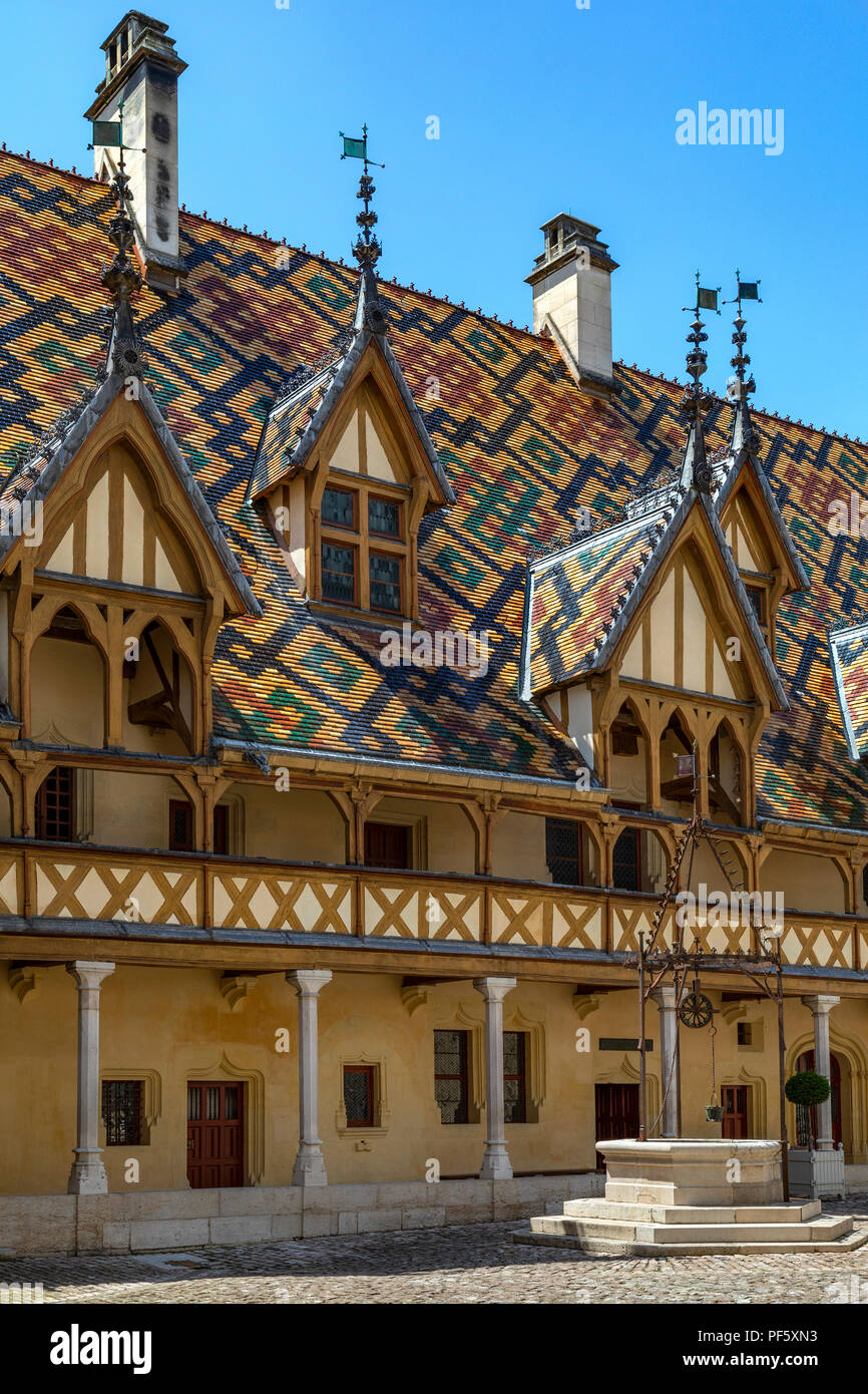 The Hospices de Beaune or Hotel-Dieu de Beaune, a medieval hospital in the town of Beaune in the Burgundy region of eastern France. Founded in 1443, i Stock Photo