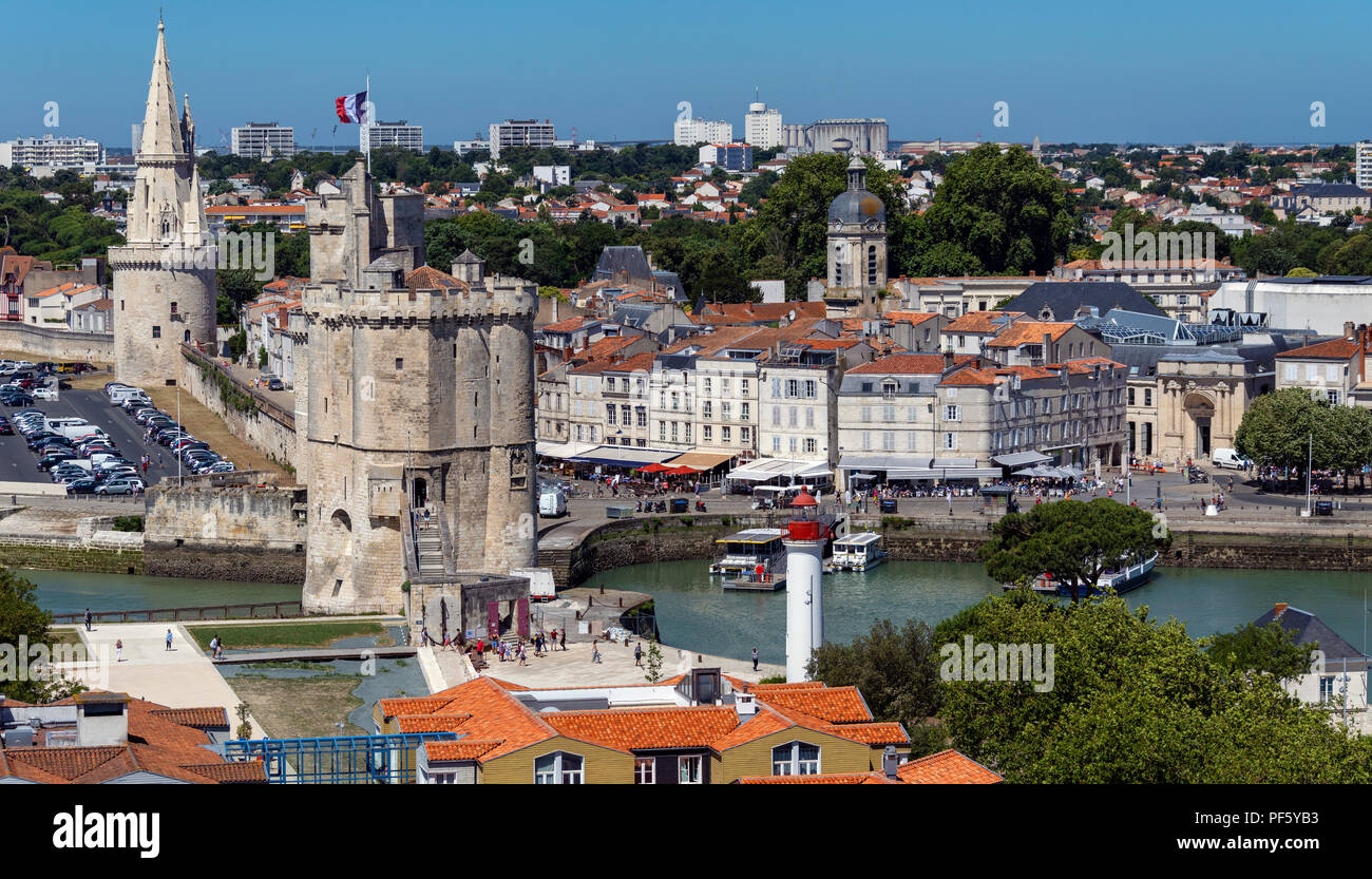High level view of the port of La Rochelle on the coast of the Poitou-Charentes region of France. The tower with the flag is the Tour de la Chaine whi Stock Photo