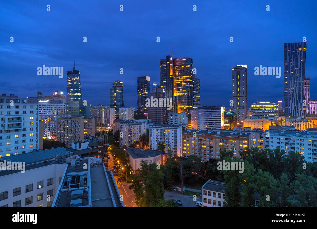 Downtown skyline at night, Warsaw, Poland Stock Photo