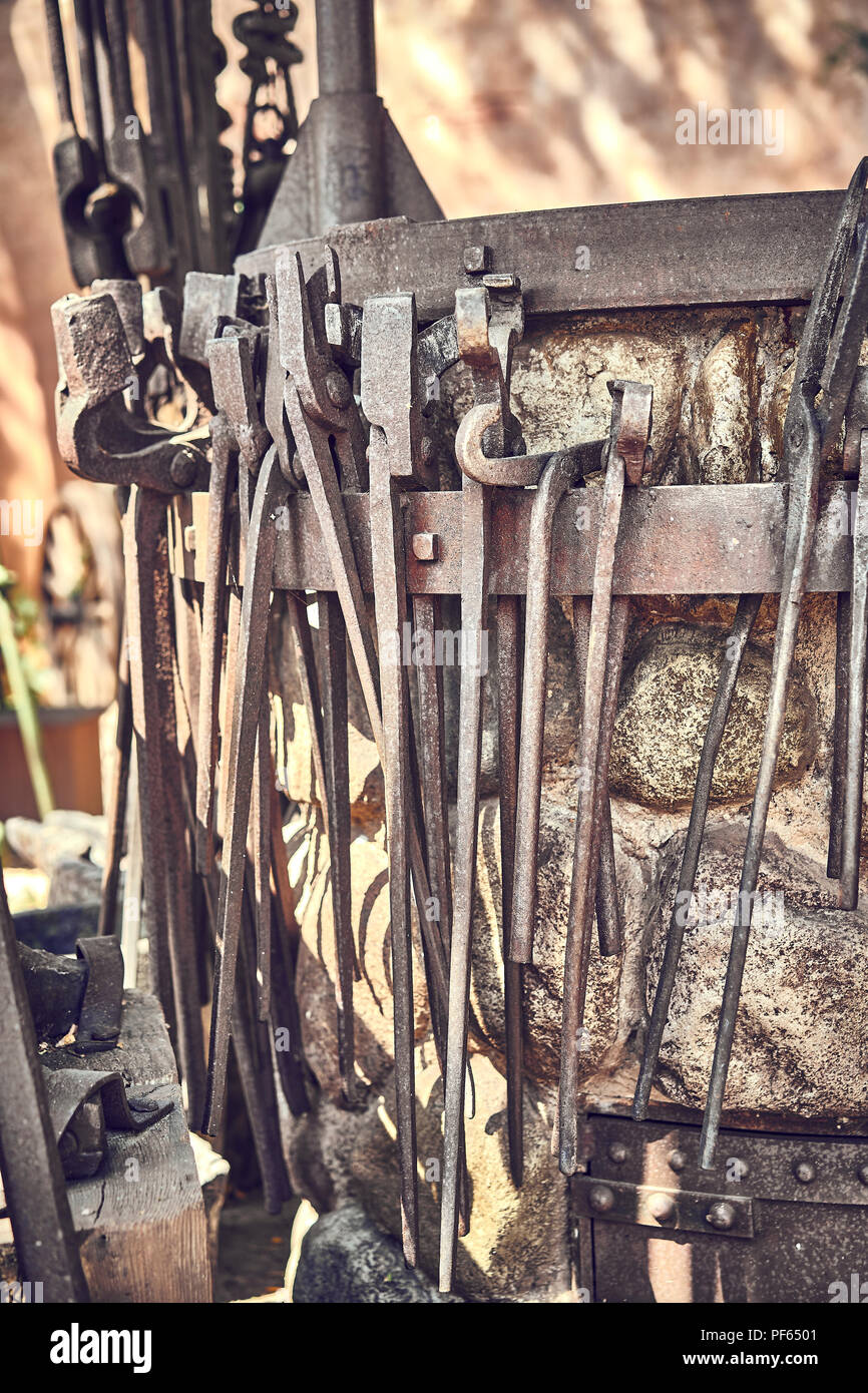 Old and oxide tools in a farm Stock Photo