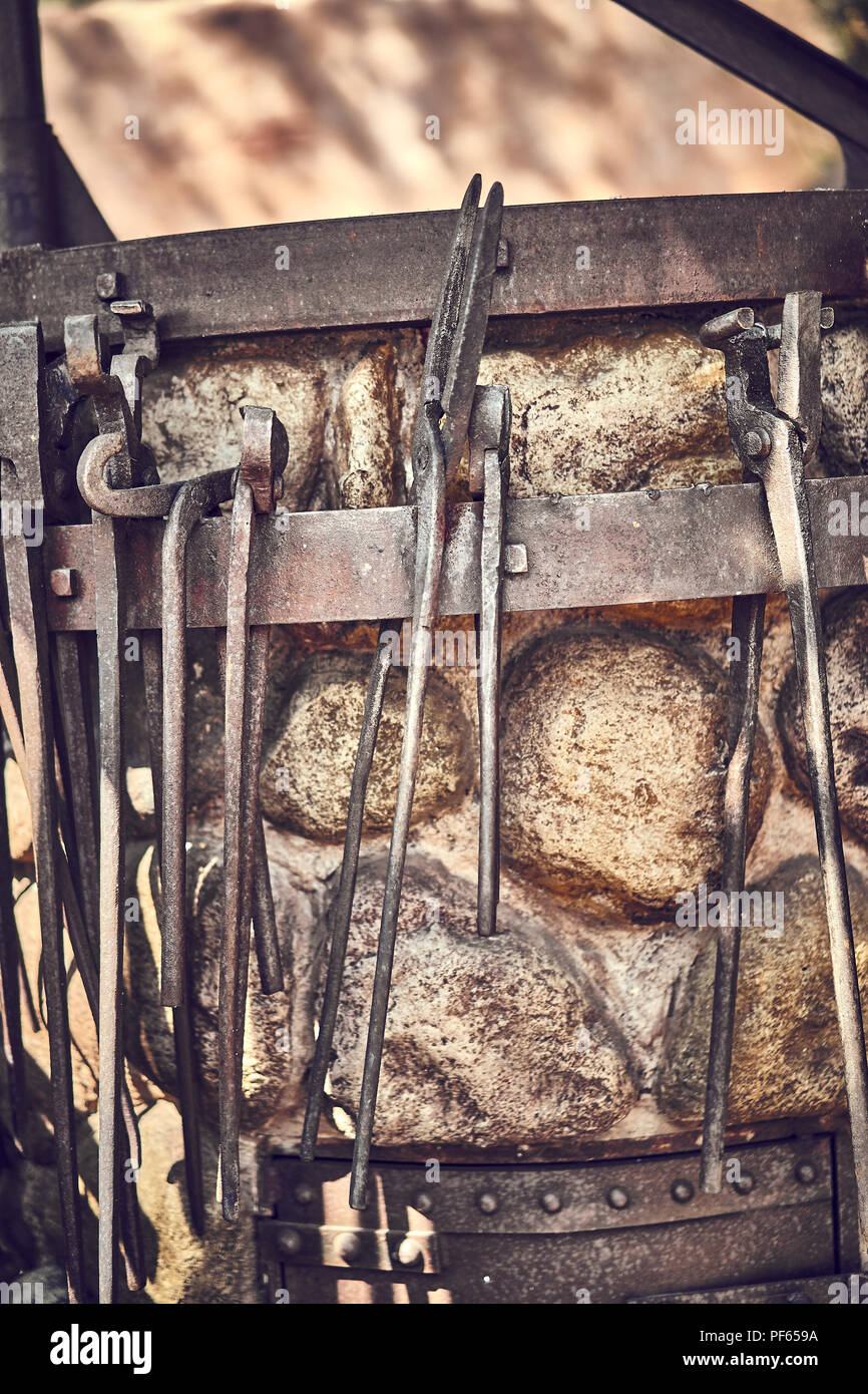 Old and oxide tools in a farm Stock Photo