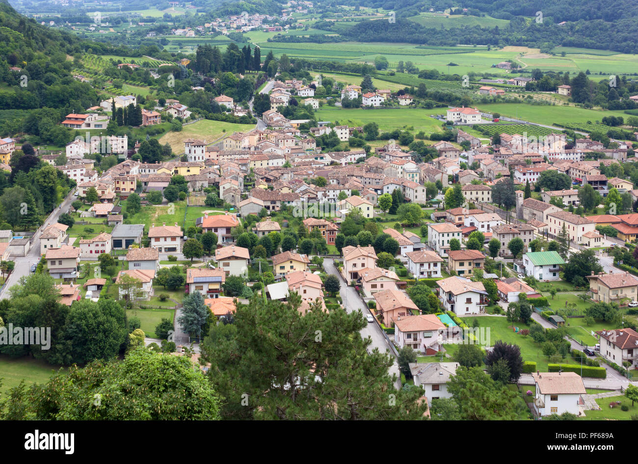 Village of Cison di Valmarino seen from Castelbrando, in the Prosecco wine region, Italy Stock Photo