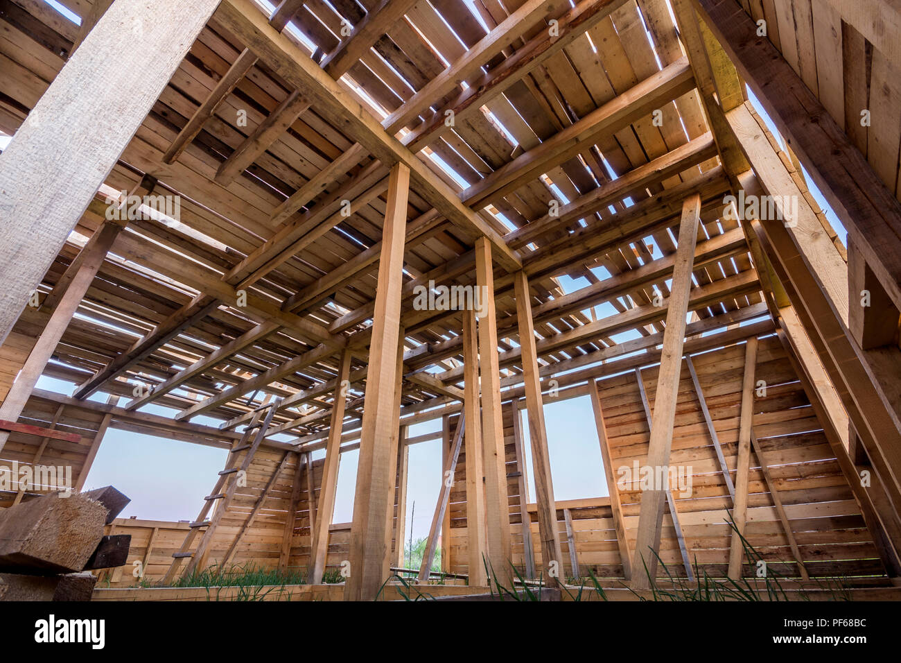 New Wooden House Under Construction Close Up Of Walls And Ceiling